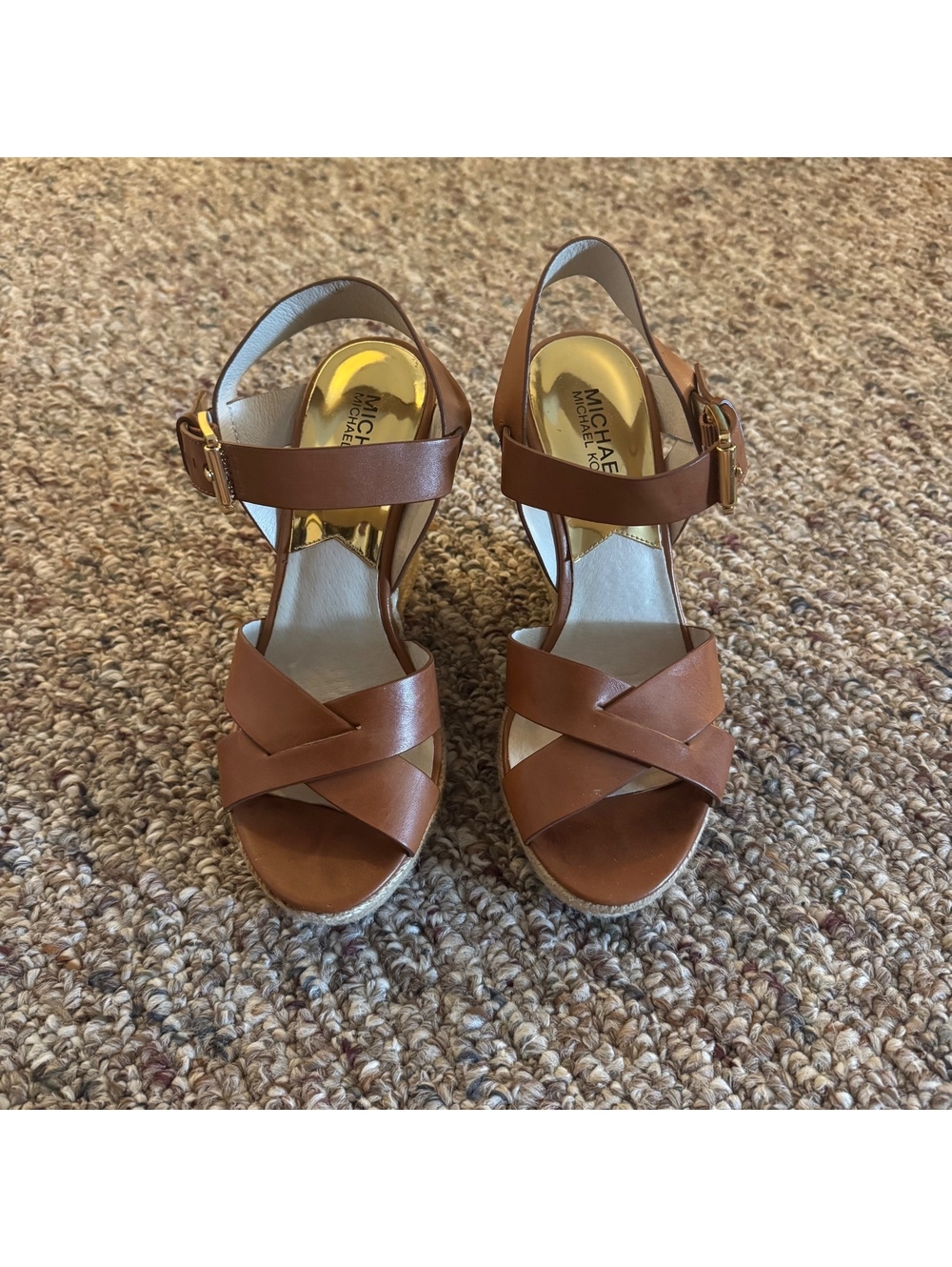 Women’s Michael Kors Wedge Sandals Brown Leather Strap Size 7M Medium Width